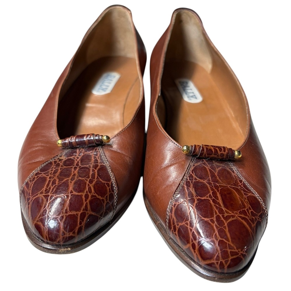 Bally Vintage Womens Brown Leather Croc Embossed Toe Flats Gold Detail Italy 7.5